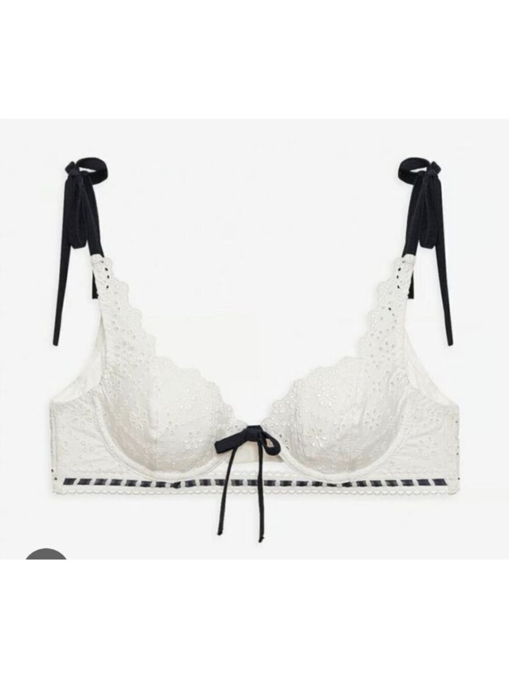 For Love & Lemons Heather Underwire Bra 34B White Eyelet Lace Black Ribbon Ties